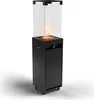 A black outdoor gas fireplace with a glass enclosure and a flame visible inside, set against a white background. Podgląd zdjęcia produktu