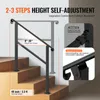 A black handrail installed on wooden stairs, with diagrams illustrating its adjustable angle and connector upgrades. Podgląd zdjęcia produktu