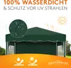 A green gazebo tent with text and icons highlighting its features. Produktbild-Vorschau