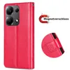 A red flip cover wallet case for a Xiaomi Redmi Note 13 Pro 4G phone, shown from the front and with a close-up of the magnetic closure and embossed design. Produktbild-Vorschau