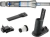 A collage of a cordless handheld vacuum cleaner and its accessories, including a charging stand, charger, crevice tool, and filter. Náhled obrázku produktu