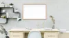A desk with a whiteboard on the wall, office supplies, and decorative items. Produktbild-Vorschau