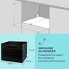 A collage showing a diagram of a dishwasher installation space and a black dishwasher with dimensions. Text describes it as a small, all-round dishwasher that can be placed freestanding or built-in. Produktbild-Vorschau