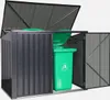 A metal trash bin enclosure with two green trash bins inside. The enclosure has a dark gray exterior and a lighter gray interior. The lid of the enclosure is open, revealing the trash bins. One of the trash bins has a recycling symbol on it. Anteprima dell’immagine prodotto