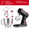 A black kitchen mixer with various attachments and a stainless steel bowl, presented with numbered labels and descriptive text. Náhľad obrázku produktu