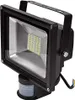 A black LED floodlight with a motion sensor attached to the bottom, shown against a white background. Produktbild-Vorschau