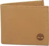 A tan leather bi-fold wallet with a Timberland logo embossed on the bottom right corner. Voir les images du produit