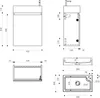Technical drawings and dimensions of a bathroom furniture set including a sink and cabinet. Produktbild-Vorschau