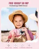 A young girl holding a pink digital camera, with text overlays describing its features. Produktbild-Vorschau