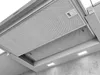 A close-up, angled view of the underside of a modern kitchen range hood, showing the metallic mesh filters and integrated LED lights. Produktbild-Vorschau