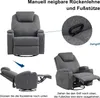 Collage of images showing a gray fabric recliner chair and its features, with German text instructions. Náhled obrázku produktu