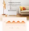 A white electric heater is shown in a living room setting with a couch and a coat rack. A graph illustrating temperature changes is also displayed. Produktbild-Vorschau