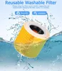 A yellow cylindrical filter is submerged in water with splashes. Produktbild-Vorschau