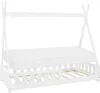 A white wooden teepee-style children's bed with a mattress and slatted base, shown from a side angle against a white background. Produktbild-Vorschau