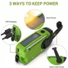 A green emergency radio with solar panel and hand crank, showing three ways to keep it powered: USB charging, solar power, and hand crank power. Produktbild-Vorschau