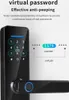 A close-up of a smart lock with a digital keypad and a handle, with text explaining its virtual password feature. Produktbild-Vorschau