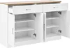 A white sideboard with a wooden top, featuring two drawers and four cabinet doors, some of which are open to reveal shelves. Anteprima dell’immagine prodotto