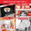 A collage of four images showcasing a cookware set's features: cooking in an oven, storage, refrigerator storage, and dishwasher cleaning. Voir les images du produit