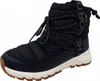 A single black winter boot with white laces and a brown sole is shown against a white background. Podgląd zdjęcia produktu