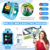 Collage of images showing a blue smartwatch for children, its features, and a child using it. Produktbild-Vorschau