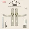 A product image showcasing a pair of door handles and their accessories against a light, textured background with decorative elements. Produktbild-Vorschau
