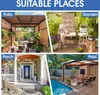 A collage of four images showing different outdoor settings where the product can be used: a patio, a garden, a porch, and a pool area. Voir les images du produit