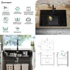 A collage of images showing a black granite sink, its features, and installation diagrams. Produktbild-Vorschau