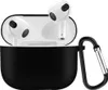 A pair of white wireless earbuds in an open black charging case with a carabiner attached. Produktbild-Vorschau