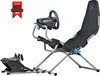 A racing simulator chair with a steering wheel and pedals, set against a white background. Anteprima dell’immagine prodotto