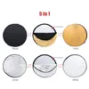 A collage of five circular photography reflectors, each labeled with its color or function: Black, Gold, Silver, White, and Translucent. The center image shows a multi-functional reflector with black, gold, and translucent surfaces. Podgląd zdjęcia produktu