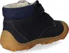 A side view of a single blue children's boot with a tan sole and white stitching. Produktbild-Vorschau