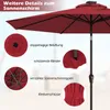 Close-up details of a red patio umbrella with text labels. Anteprima dell’immagine prodotto