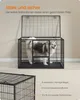 A dog inside a metal dog crate with the top open. A close-up of the crate is shown at the bottom. Produktbild-Vorschau