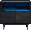 A black sideboard with LED lighting and glass doors. Produktbild-Vorschau