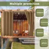 Outdoor curtains hanging on a pergola, with text overlays highlighting features. Náhled obrázku produktu