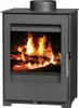 A dark gray wood-burning stove with a glass door showing a fire burning inside. Náhled obrázku produktu