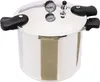 A stainless steel pressure cooker with black handles and a pressure gauge on a white background. Podgląd zdjęcia produktu