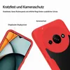 A product image showing a red phone case with callouts highlighting its features. Produktbild-Vorschau