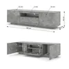 A diagram showing the dimensions of a TV stand, with a second image showing the TV stand with doors open. Náhled obrázku produktu