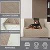 A Rottweiler dog is resting on a taupe sofa cover. The image is divided into sections highlighting the product's design, craftsmanship, and reversibility. Icons for bed, sofa, and car are displayed at the bottom. Náhled obrázku produktu