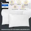 Two white pillows are shown on a dark gray background, with marketing icons and text above them. Produktbild-Vorschau