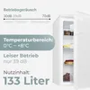 A white refrigerator with its door open, showcasing its interior, with marketing text overlays on the left side. Produktbild-Vorschau
