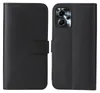 A black flip-style phone case is shown open, displaying the inside of the case and the back of a phone with a camera module. Produktbild-Vorschau
