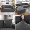 Collage showing different sofa covers, including a full sofa and a sectional sofa, along with close-ups of the fabric texture and a hand stretching the cover. Produktbild-Vorschau