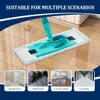 A mop head on a wooden floor, with four smaller images showing different rooms: a washroom, a bedroom, a living room, and a corridor. Produktbild-Vorschau