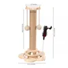 A cat scratching post with hanging balls and a feather toy, with dimensions indicated by text overlays. Produktbild-Vorschau