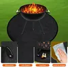 A round black grill mat with a barbecue grill on top, set on a green grassy background. Four smaller inset images show product features. Produktbild-Vorschau