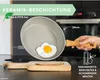A hand holding a frying pan with a fried egg in it, placed on a cutting board with toast. Produktbild-Vorschau