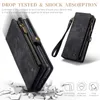 A black wallet-style phone case is shown from multiple angles, with text and icons highlighting its features. Produktbild-Vorschau