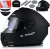 A black LS2 motorcycle helmet with accessories displayed around it. Náhled obrázku produktu